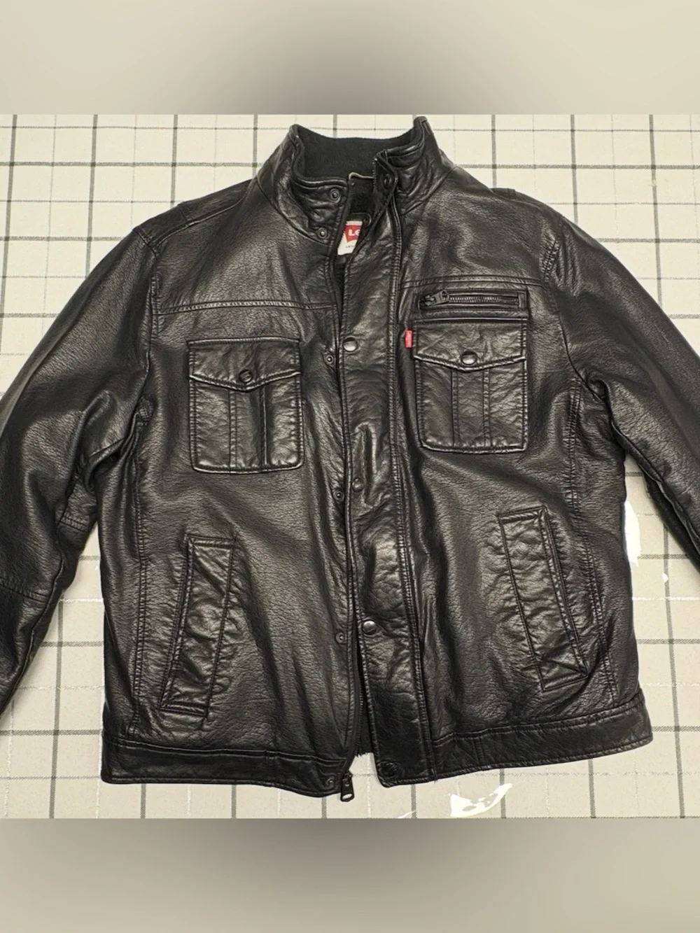 Levi's Black Leather Military-Style Zip & Snap Jacket